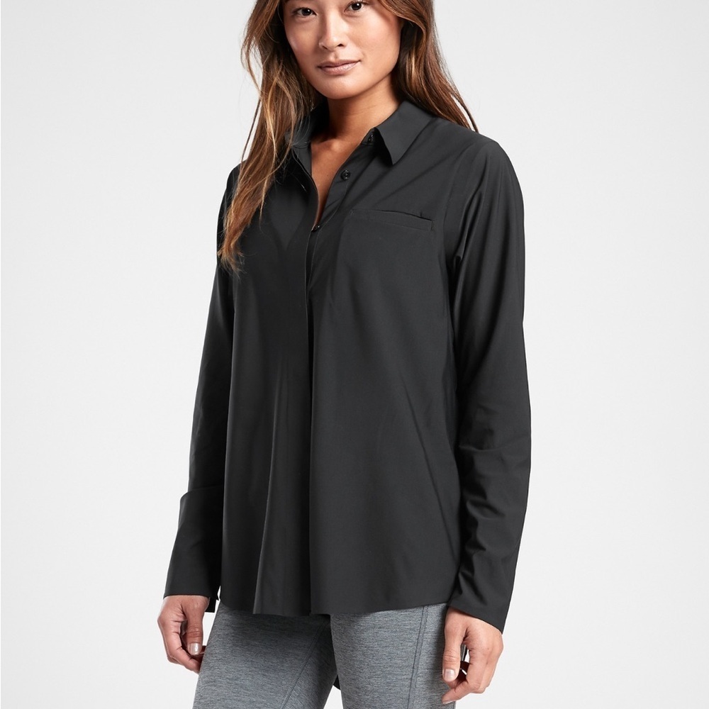 Athleta Urbanite Top Black Small Tall Featherweight Stretch Button Down Shirt - Picture 1 of 6